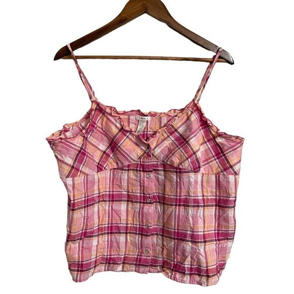 Old Navy Tops - Old Navy Womens Pink Plaid Pearl Snap Ruffle Trim Y2K Tiny Fit Tank Blouse XXL